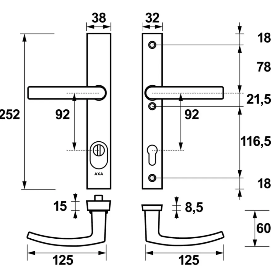 AXA veiligheidsbeslag Edge achterdeur aluminium smal schild met SKG 3-sterren 92 mm