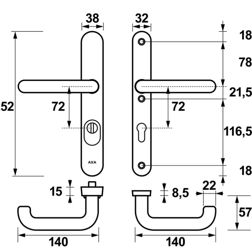 AXA veiligheidsbeslag Oval achterdeur aluminium smal schild met SKG 3-sterren 72 mm