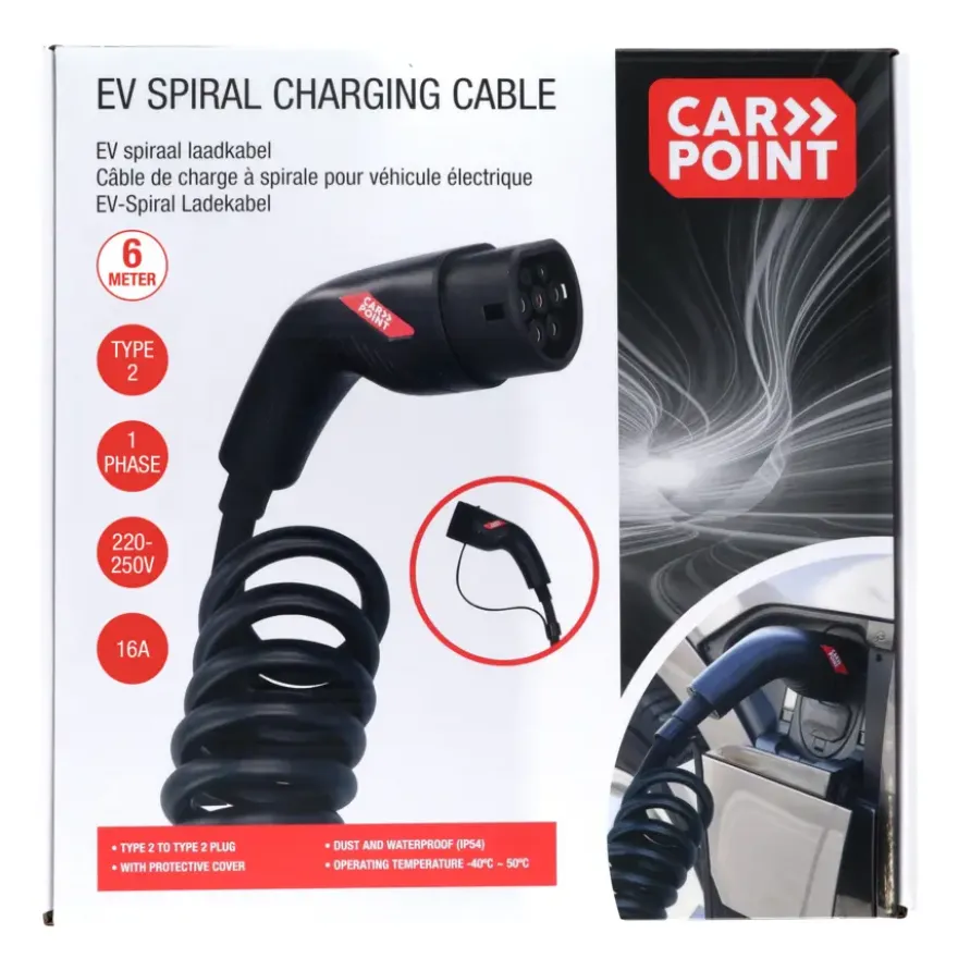 Carpoint spiraal laadkabel elektrische auto type 2 - 2 16a 1ph 6 m