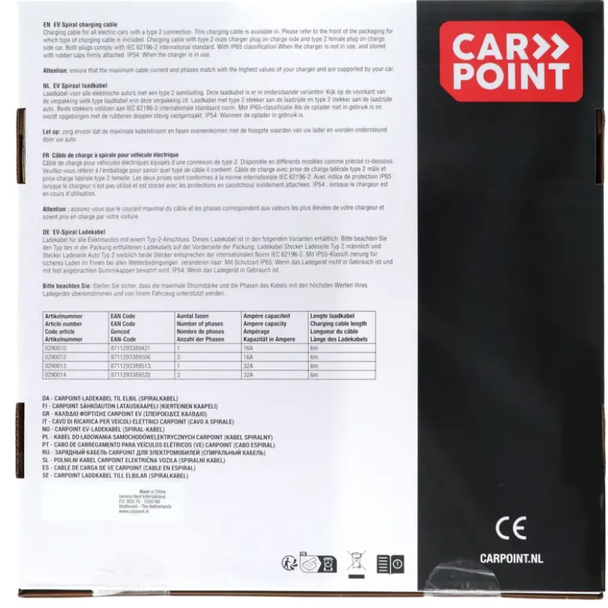 Carpoint spiraal laadkabel elektrische auto type 2 - 2 16a 1ph 6 m