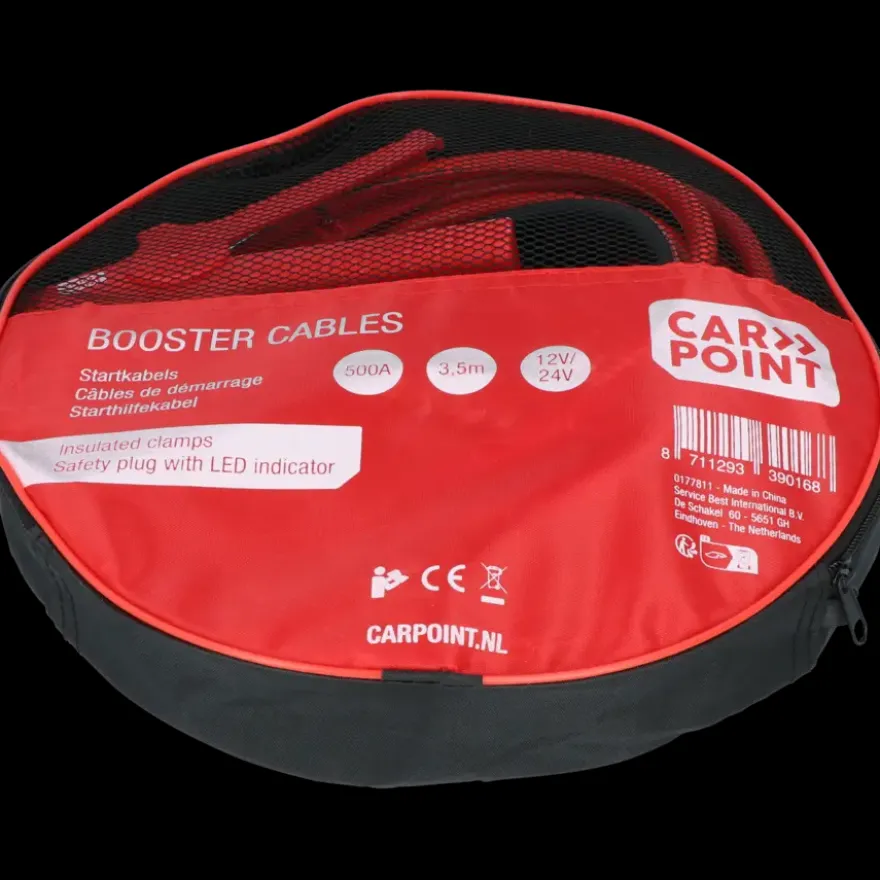 Carpoint startkabel 500A met gele veiligheidsplug met polariteitsaanduiding