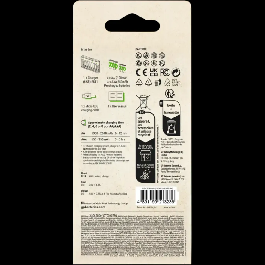 GP USB Batterijlader AA + AAA inc. Micro USB snoer en 4x AA + 4x AAA Batterijen