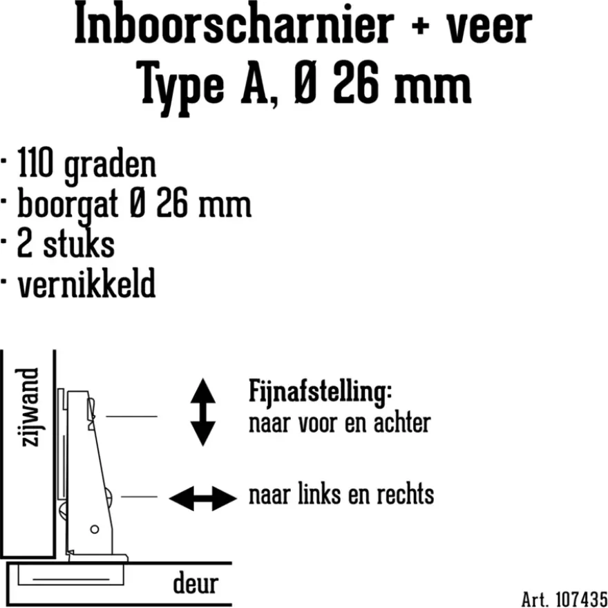 HANDSON Inboorscharnier met veer Type A (volledig opliggend) 26 mm - 2 stuks