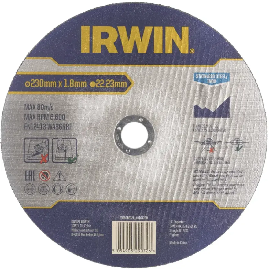 Irwin Pro doorslijpschijf Ø230 mm. Dikte 1.8 mm. Voor RVS.