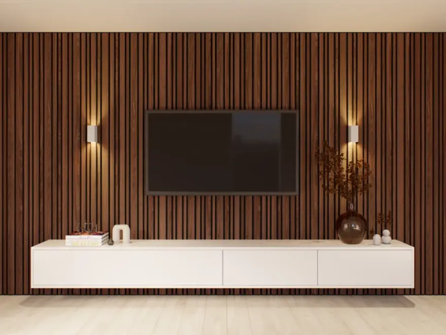 Kleurstaal lattenwand Decowall Acoustic Blend walnoot 25x30cm