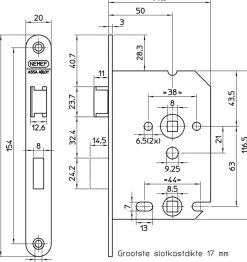 NEMEF 1200 serie insteekslot badkamerslot/wc-slot met gelakte voorplaat Doorn 50mm PC 63mm
