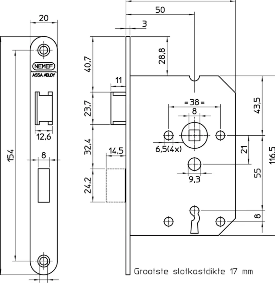 NEMEF 1200 serie slotset binnendeur inclusief beslag Doorn 50mm PC 55mm