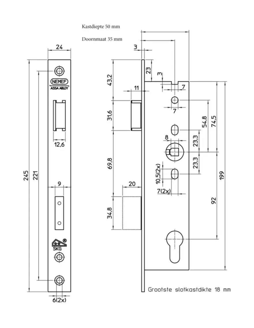 NEMEF Veiligheidssmaldeurslot Gelakt SKG 2-sterren Doorn 35mm PC 92mm