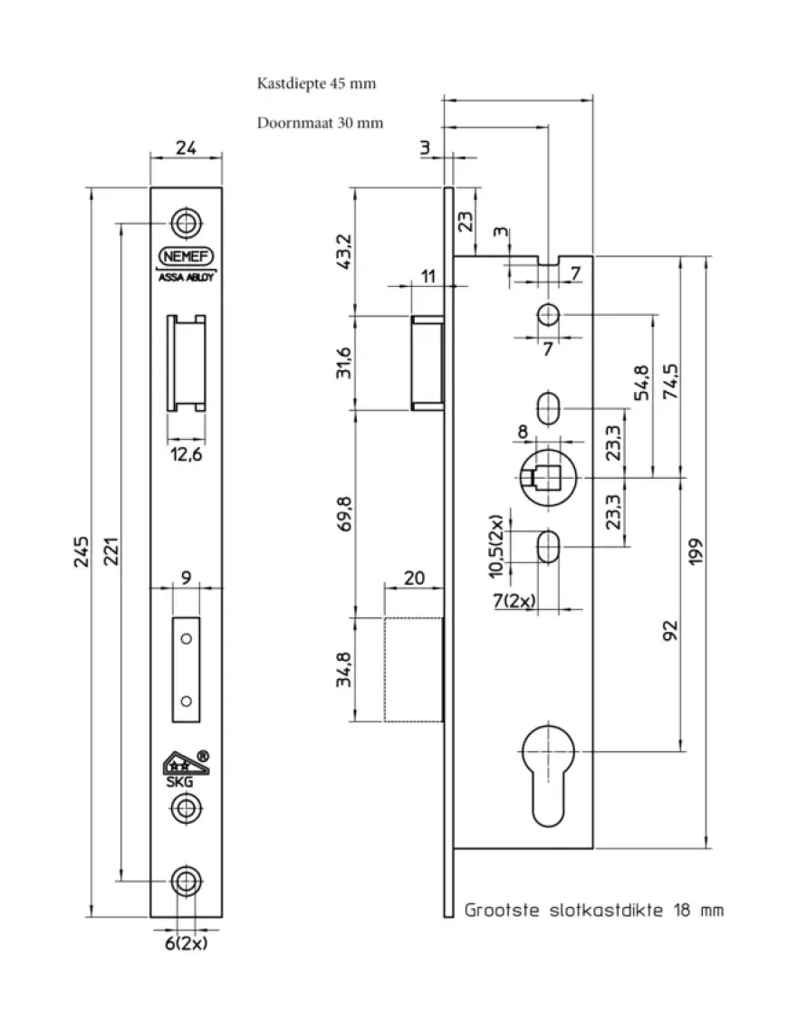 NEMEF Veiligheidssmaldeurslot Gelakt SKG 2-sterren Doorn 30mm PC 92mm