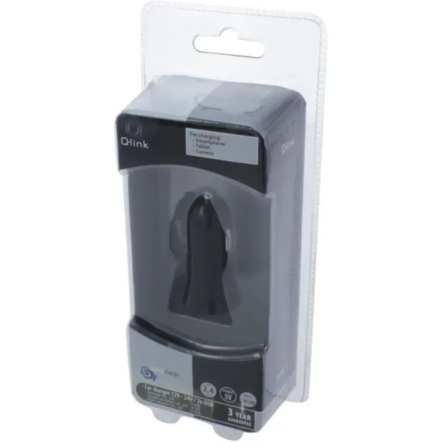 Q-Link Autolader 12V met 2 USB-A zwart